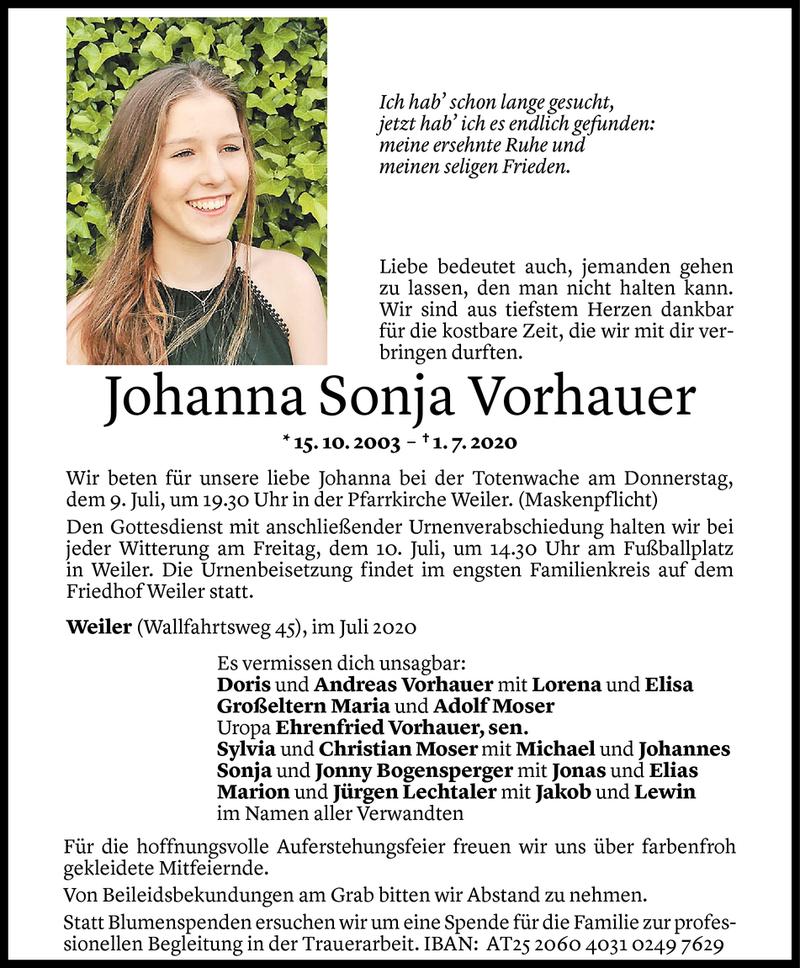  Todesanzeige für Johanna Sonja Vorhauer vom 07.07.2020 aus Vorarlberger Nachrichten
