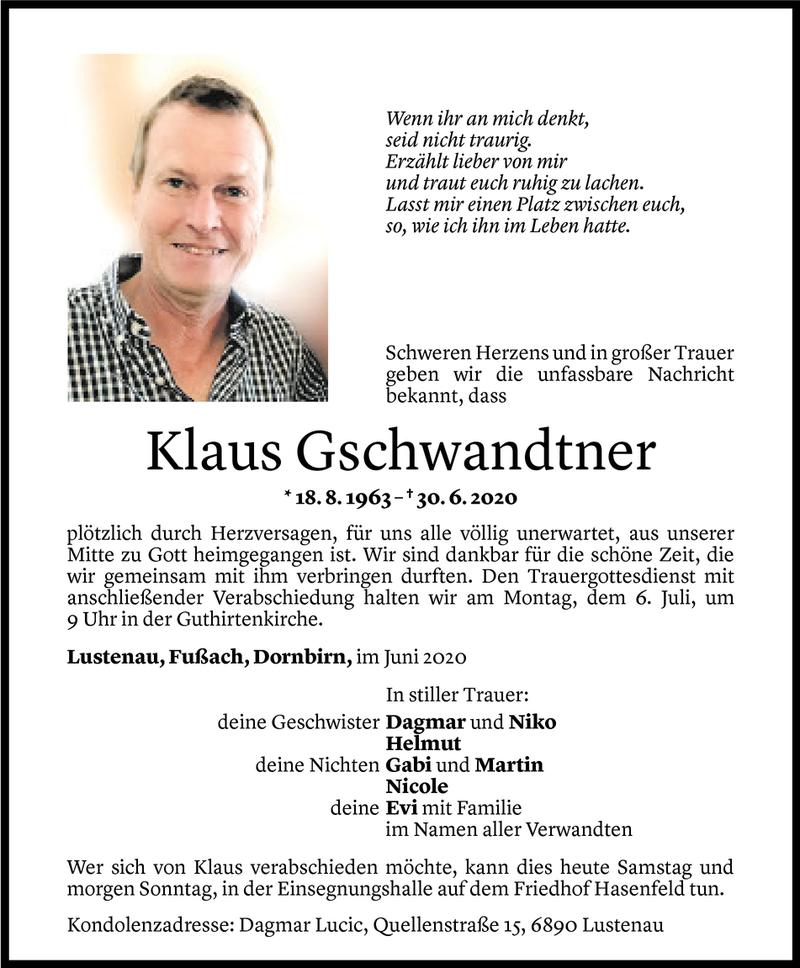  Todesanzeige für Klaus Gschwandtner vom 04.07.2020 aus Vorarlberger Nachrichten