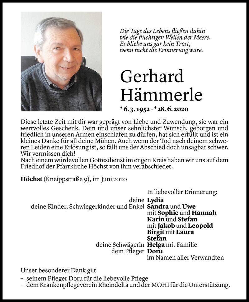  Todesanzeige für Gerhard Hämmerle vom 06.07.2020 aus Vorarlberger Nachrichten