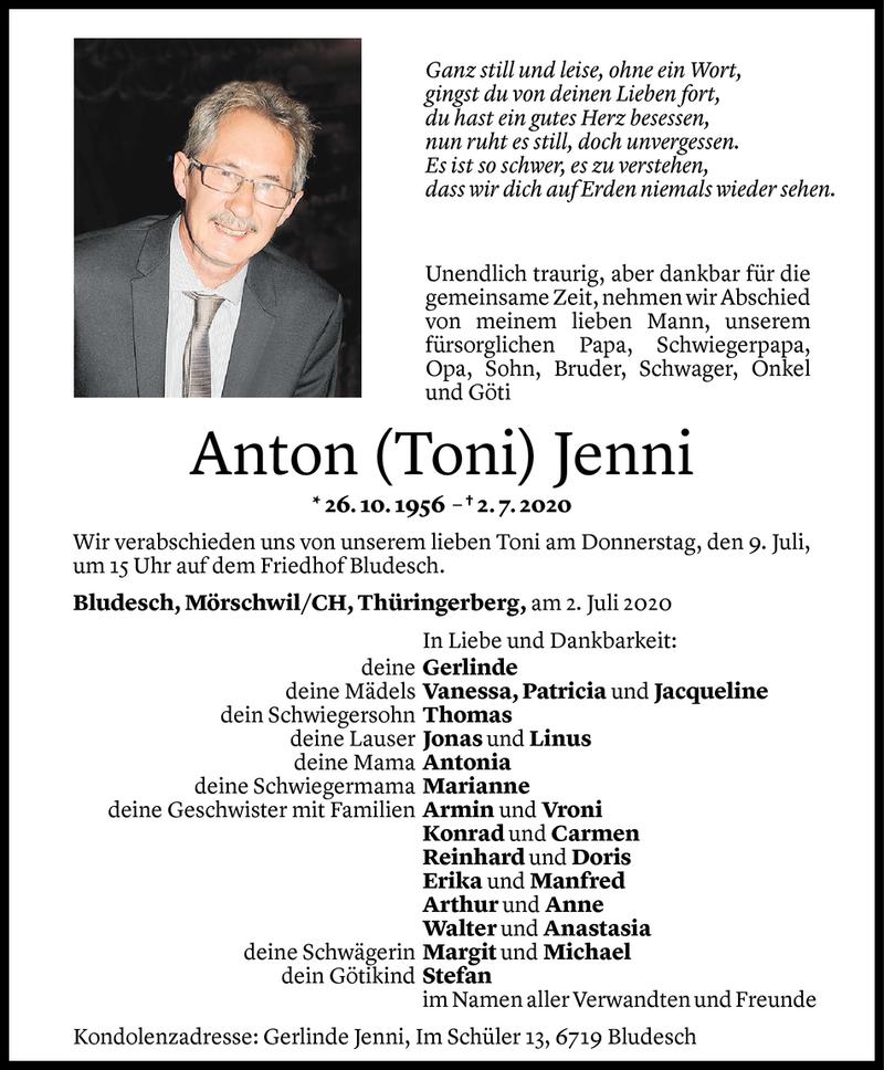  Todesanzeige für Anton Jenni vom 06.07.2020 aus Vorarlberger Nachrichten