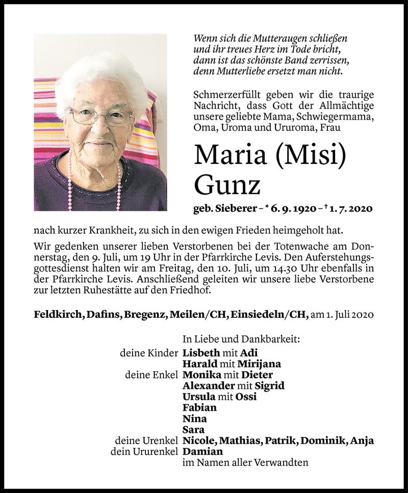  Todesanzeige für Maria Gunz vom 07.07.2020 aus Vorarlberger Nachrichten