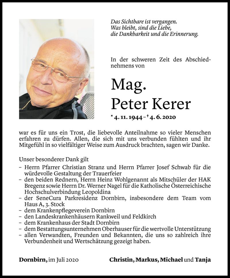  Todesanzeige für Peter Kerer vom 06.07.2020 aus Vorarlberger Nachrichten