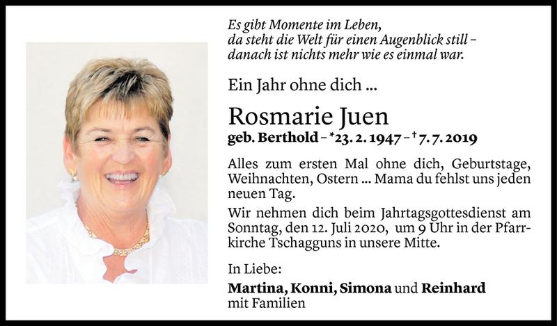  Todesanzeige für Rosmarie Juen vom 07.07.2020 aus Vorarlberger Nachrichten