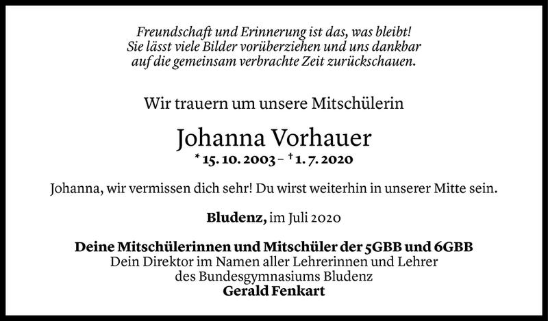  Todesanzeige für Johanna Sonja Vorhauer vom 08.07.2020 aus Vorarlberger Nachrichten