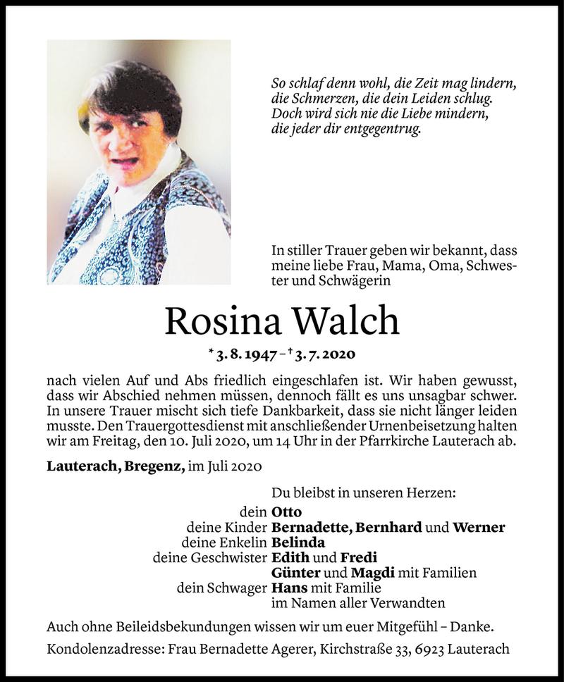  Todesanzeige für Rosina Walch vom 07.07.2020 aus Vorarlberger Nachrichten