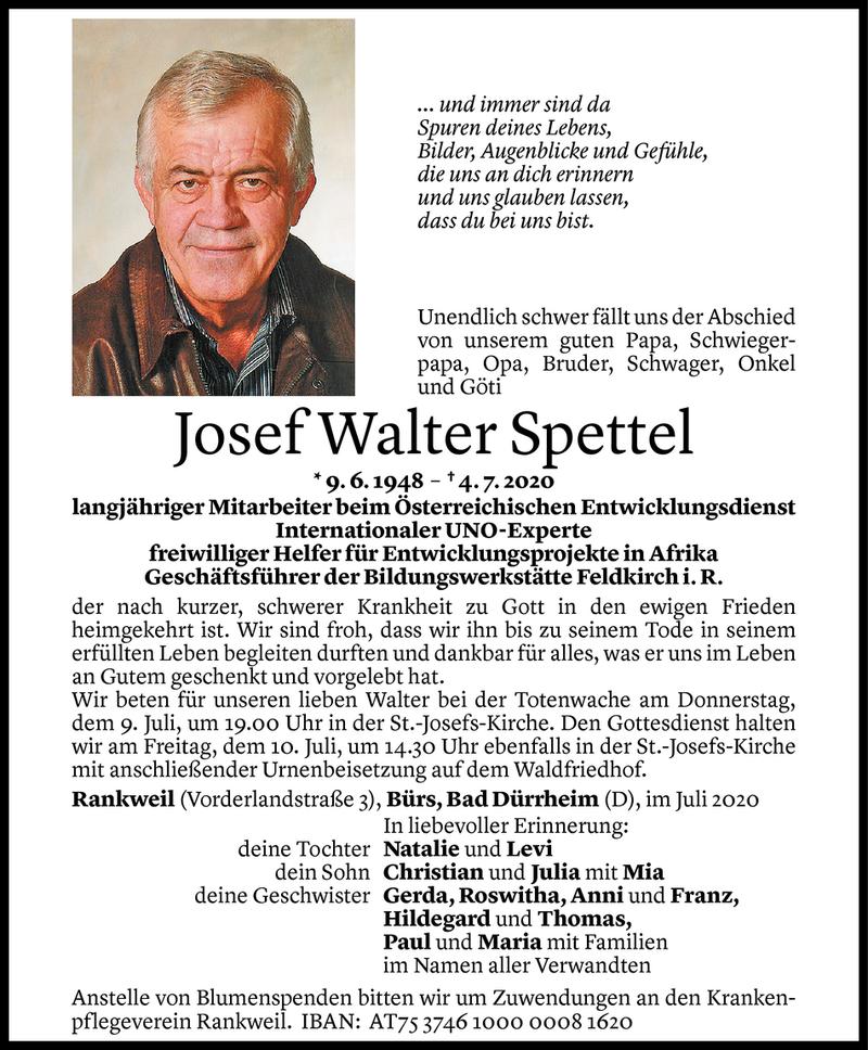  Todesanzeige für Josef Walter Spettel vom 08.07.2020 aus Vorarlberger Nachrichten