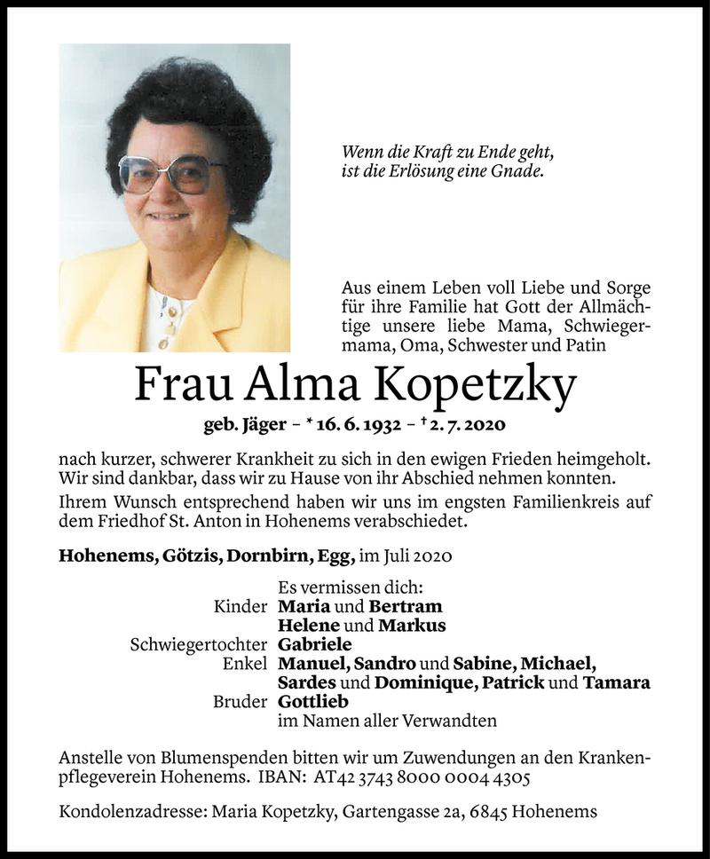  Todesanzeige für Alma Kopetzky vom 08.07.2020 aus Vorarlberger Nachrichten