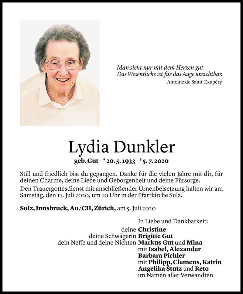  Todesanzeige für Lydia Dunkler vom 08.07.2020 aus Vorarlberger Nachrichten