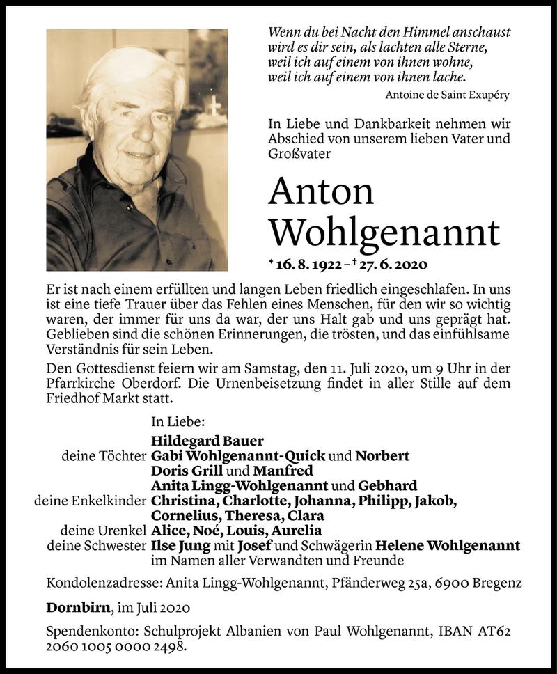  Todesanzeige für Anton Wohlgenannt vom 08.07.2020 aus Vorarlberger Nachrichten