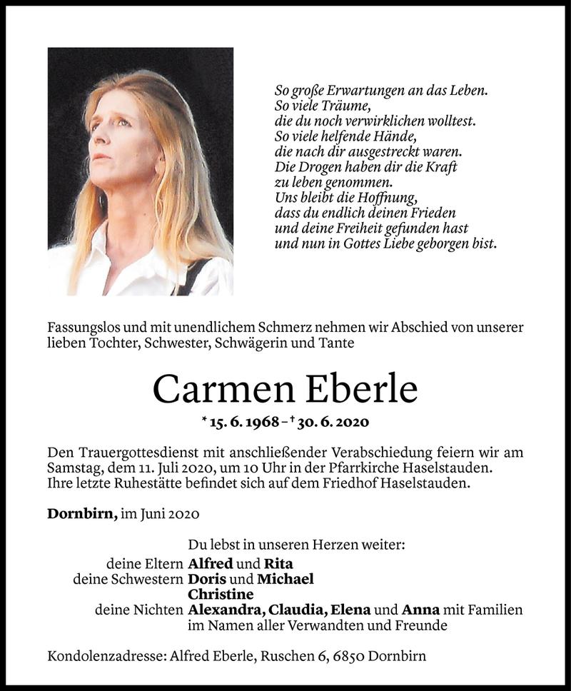  Todesanzeige für Carmen Eberle vom 07.07.2020 aus Vorarlberger Nachrichten