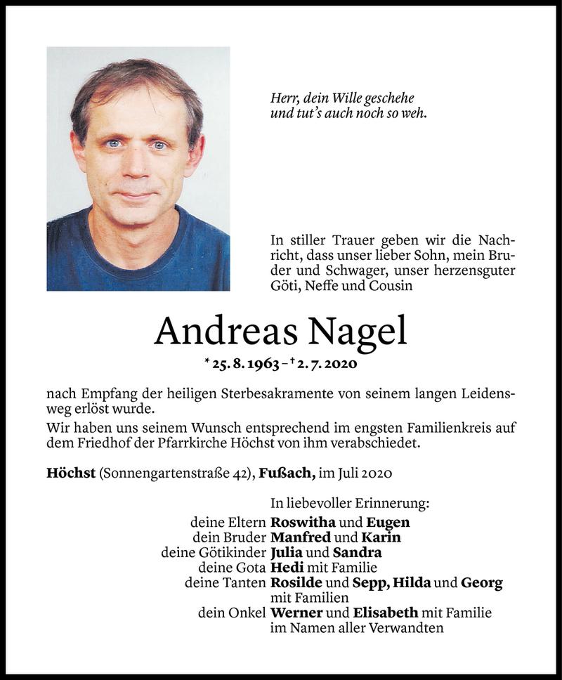  Todesanzeige für Andreas Nagel vom 08.07.2020 aus Vorarlberger Nachrichten