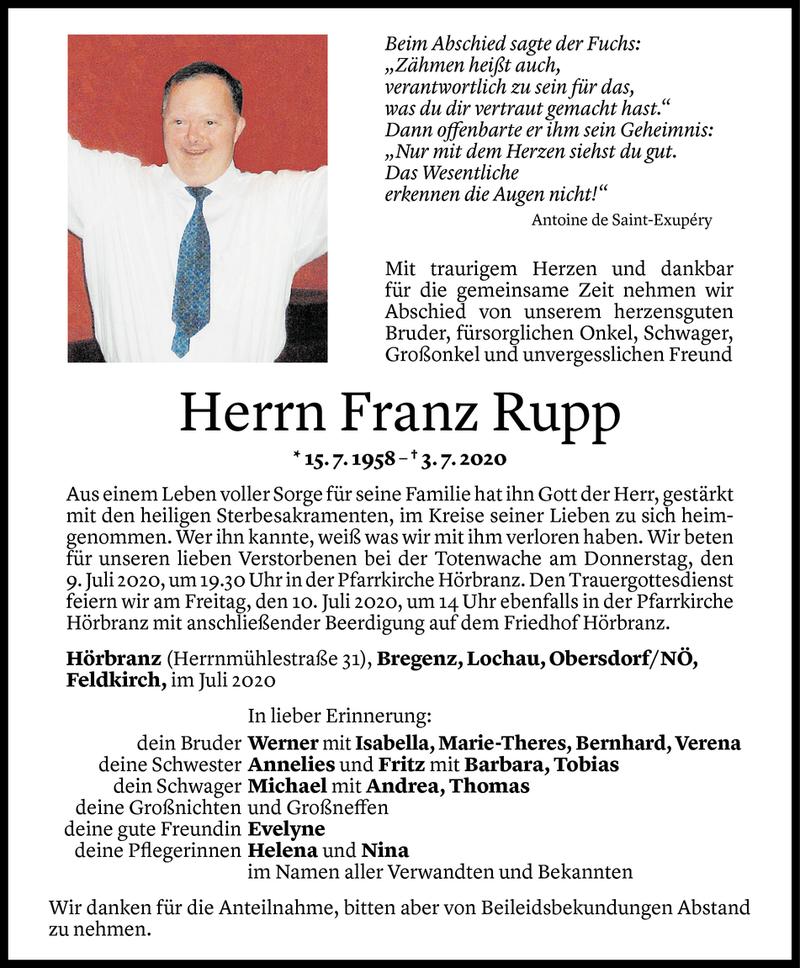  Todesanzeige für Franz Rupp vom 07.07.2020 aus Vorarlberger Nachrichten