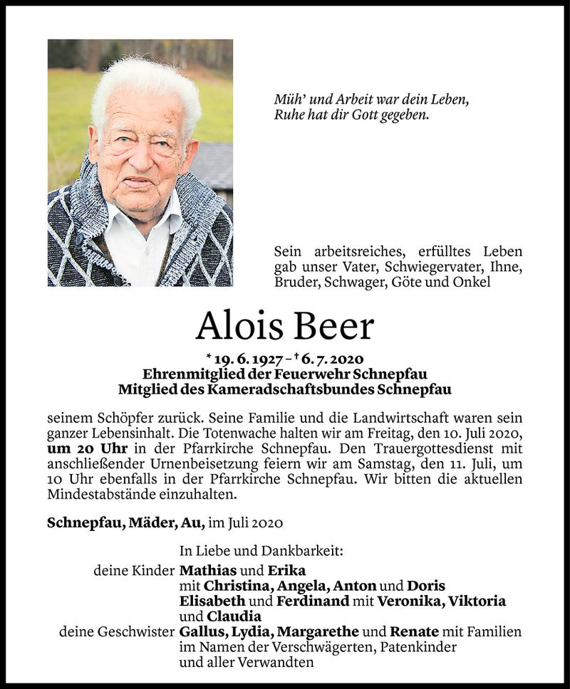  Todesanzeige für Alois Beer vom 08.07.2020 aus Vorarlberger Nachrichten