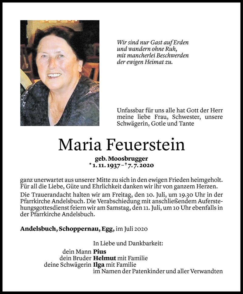  Todesanzeige für Maria Feuerstein vom 08.07.2020 aus Vorarlberger Nachrichten