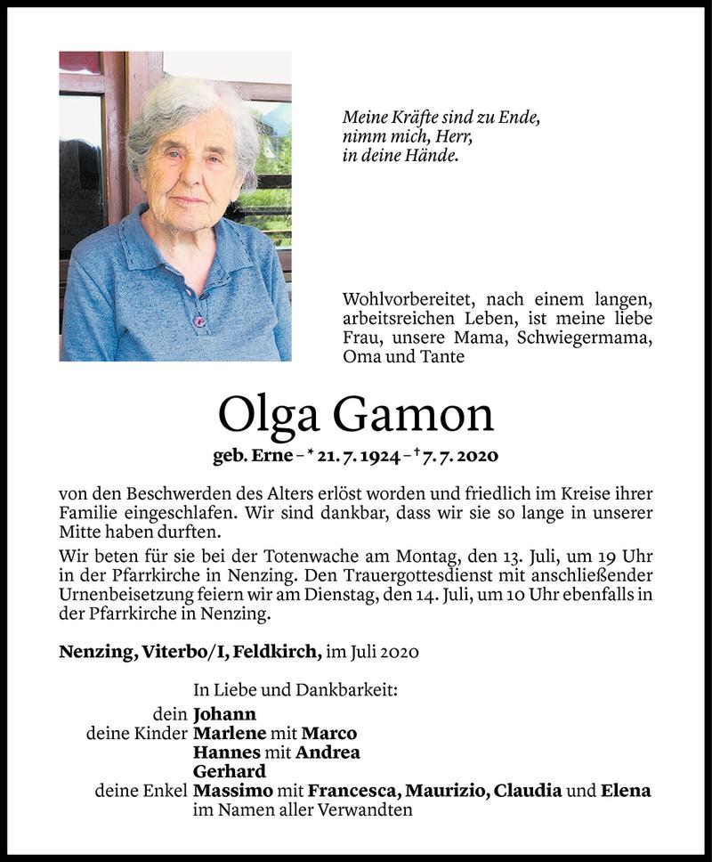  Todesanzeige für Olga Gamon vom 11.07.2020 aus Vorarlberger Nachrichten