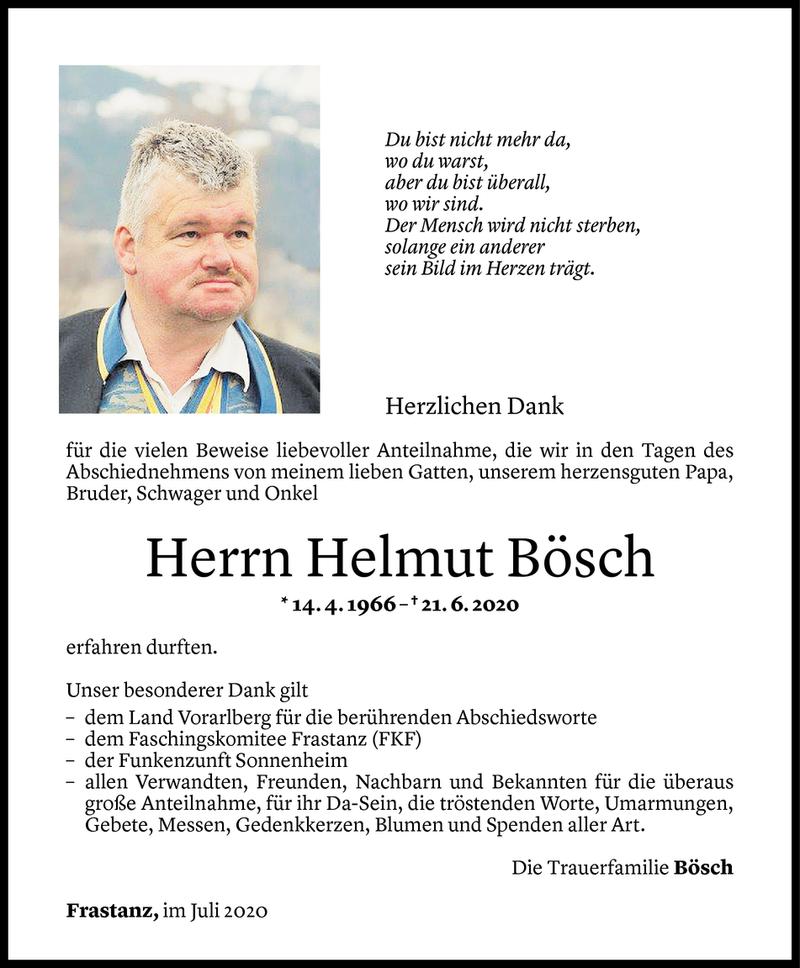  Todesanzeige für Helmut Bösch vom 09.07.2020 aus Vorarlberger Nachrichten