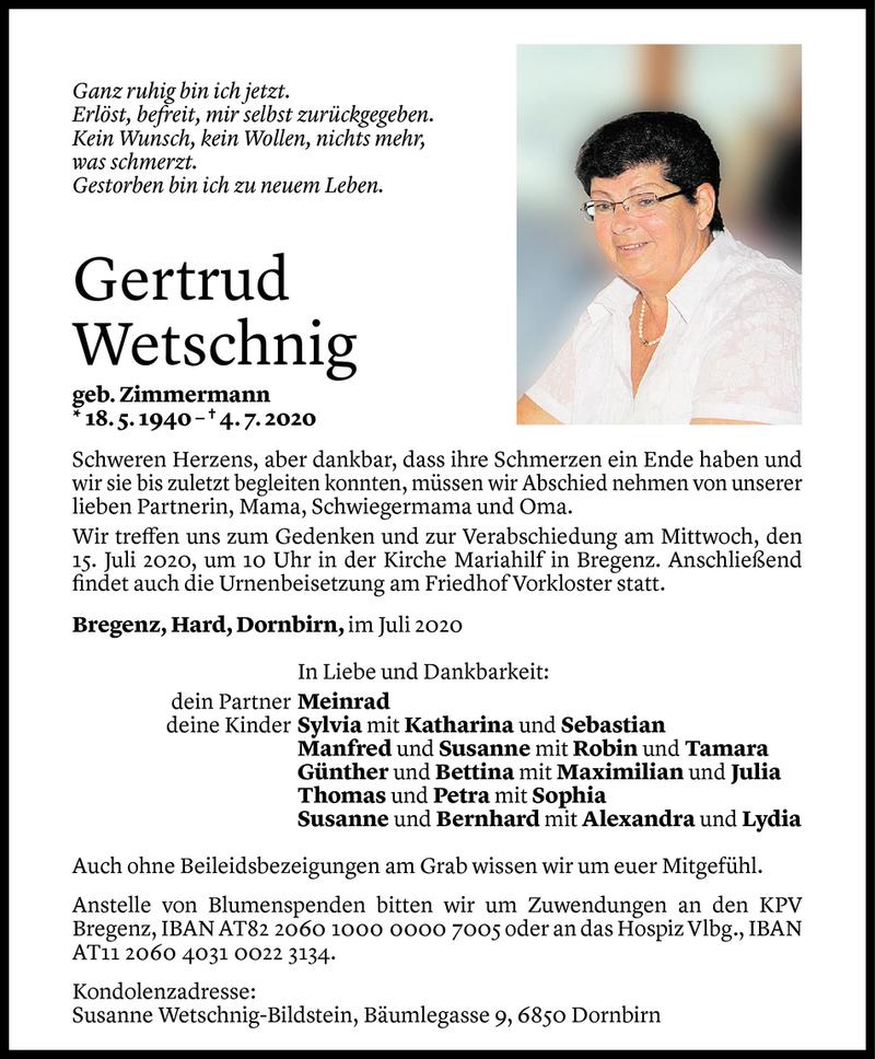  Todesanzeige für Gertrud Wetschnig vom 10.07.2020 aus Vorarlberger Nachrichten