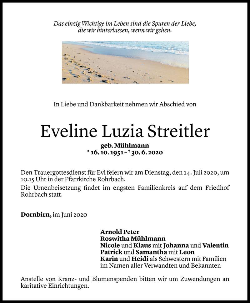  Todesanzeige für Eveline Luzia Streitler vom 10.07.2020 aus Vorarlberger Nachrichten