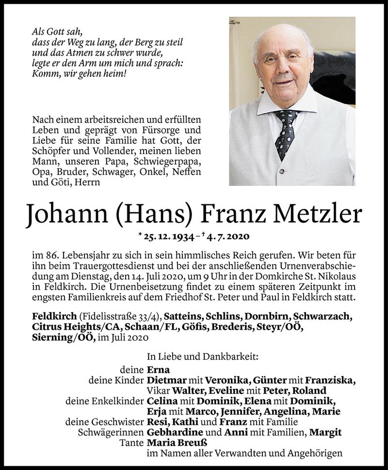  Todesanzeige für Johann Franz Metzler vom 10.07.2020 aus Vorarlberger Nachrichten