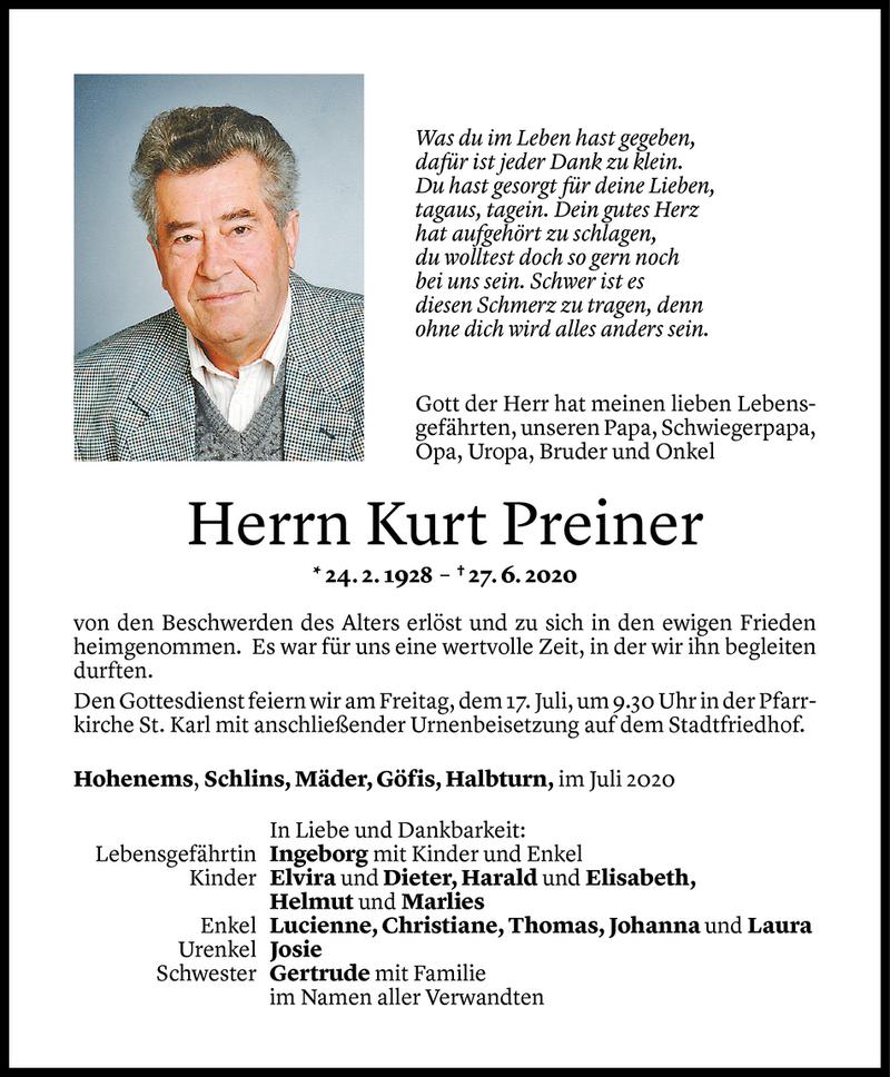  Todesanzeige für Kurt Preiner vom 11.07.2020 aus Vorarlberger Nachrichten