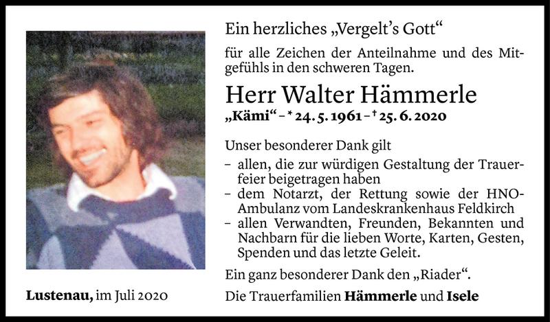  Todesanzeige für Walter Hämmerle vom 09.07.2020 aus Vorarlberger Nachrichten