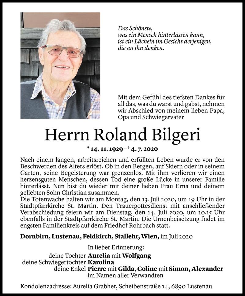  Todesanzeige für Roland Bilgeri vom 10.07.2020 aus Vorarlberger Nachrichten