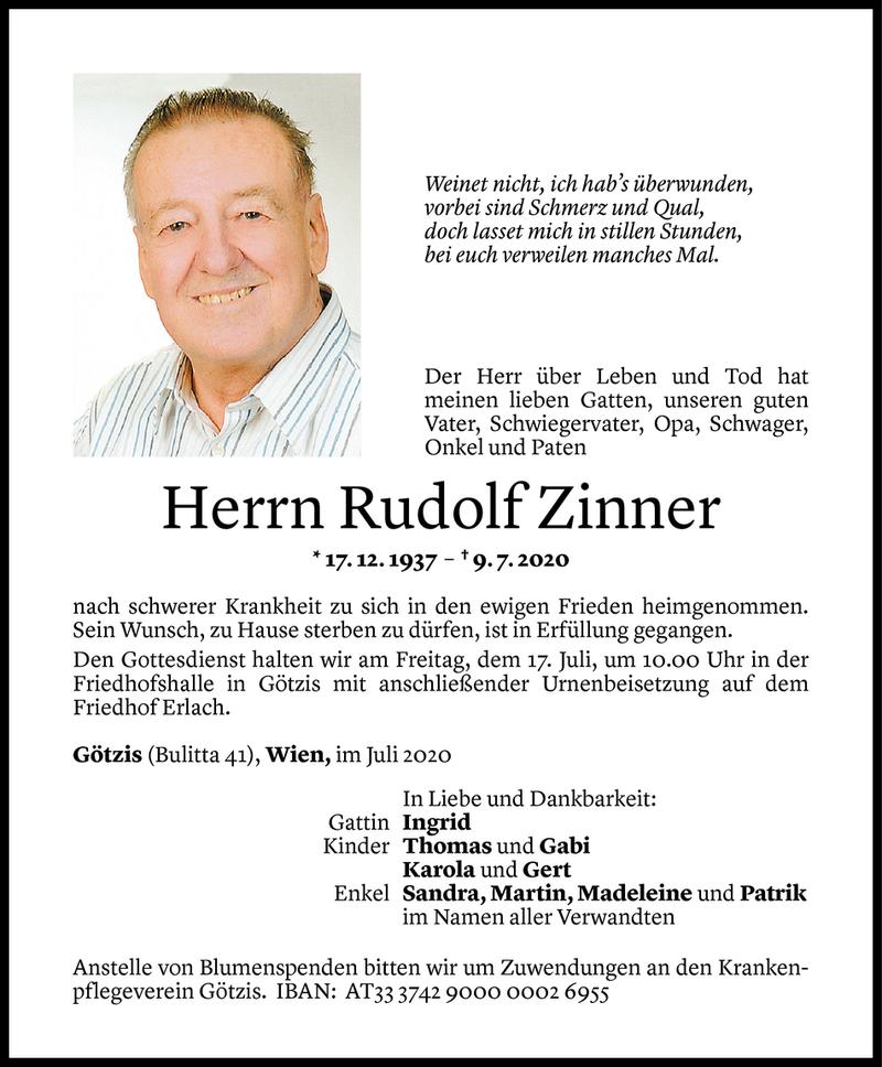  Todesanzeige für Rudolf Zinner vom 14.07.2020 aus Vorarlberger Nachrichten