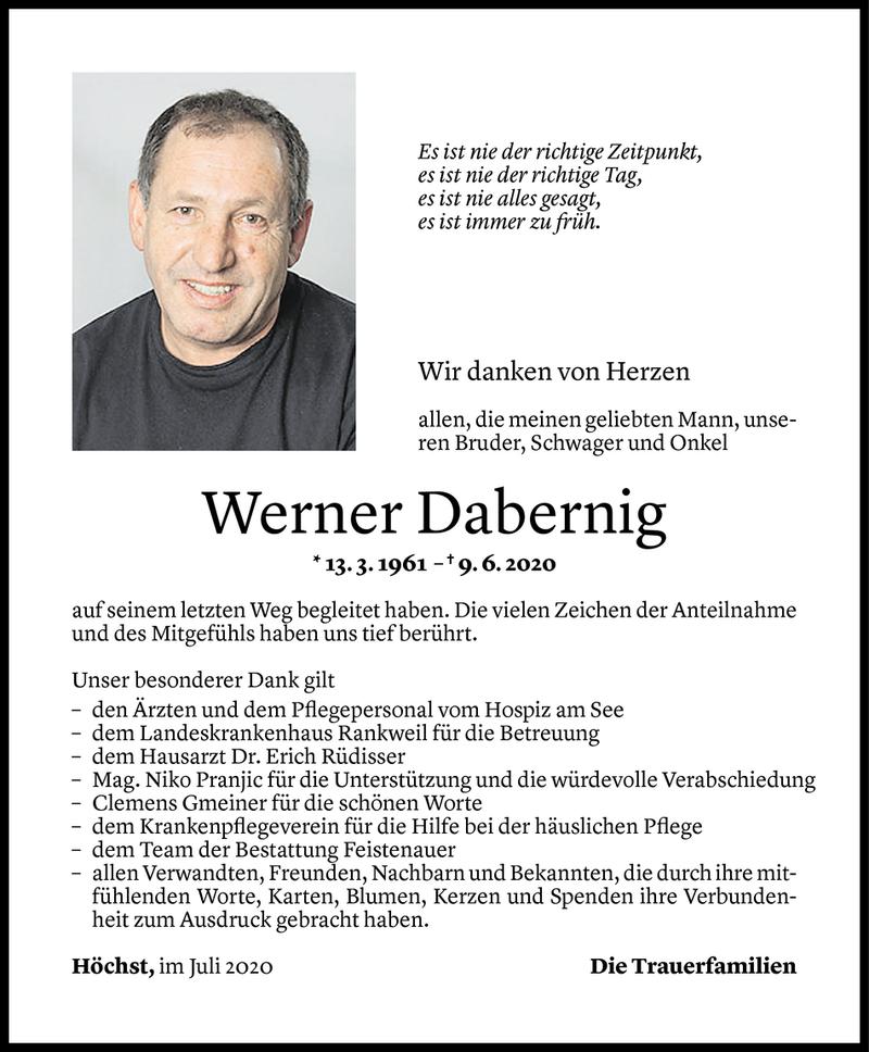  Todesanzeige für Werner Dabernig vom 09.07.2020 aus Vorarlberger Nachrichten