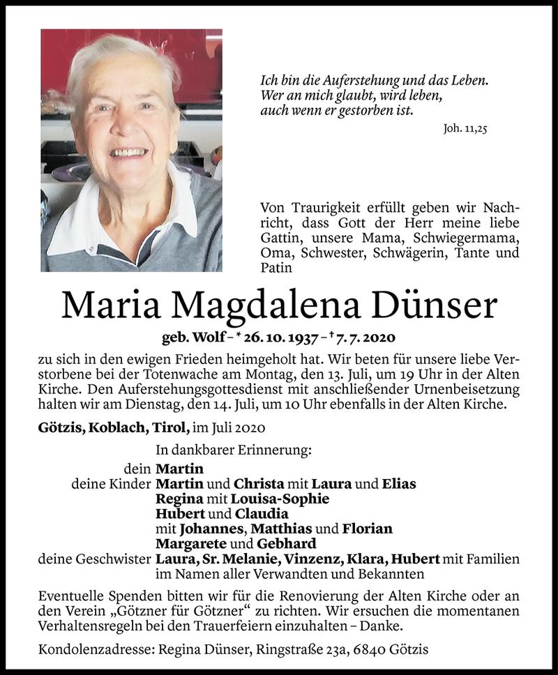  Todesanzeige für Maria Magdalena Dünser vom 11.07.2020 aus Vorarlberger Nachrichten