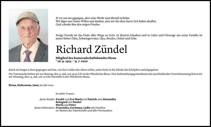  Todesanzeige für Richard Zündel vom 10.07.2020 aus Vorarlberger Nachrichten