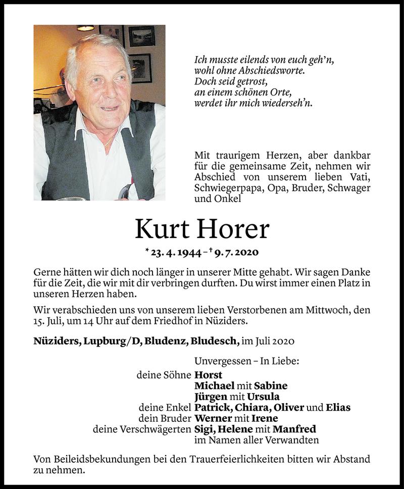  Todesanzeige für Kurt Horer vom 11.07.2020 aus Vorarlberger Nachrichten