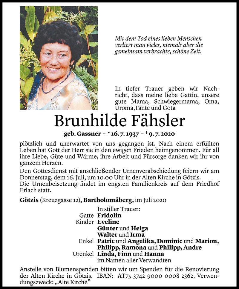  Todesanzeige für Brunhilde Fähsler vom 13.07.2020 aus Vorarlberger Nachrichten