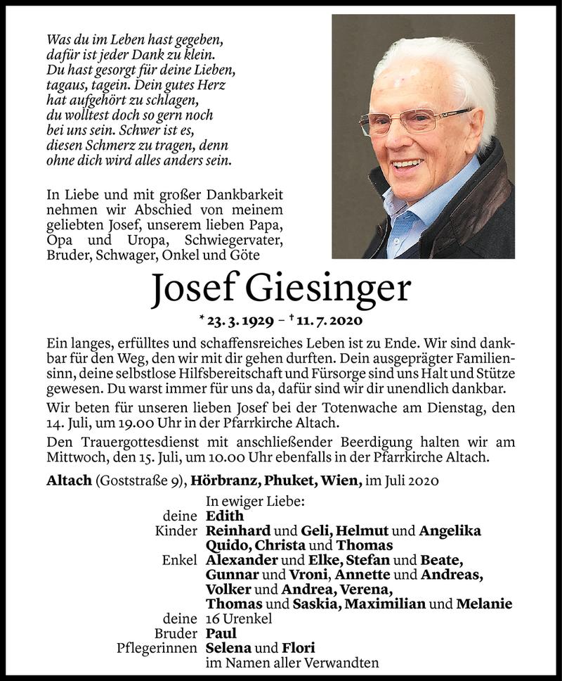  Todesanzeige für Josef Giesinger vom 13.07.2020 aus Vorarlberger Nachrichten