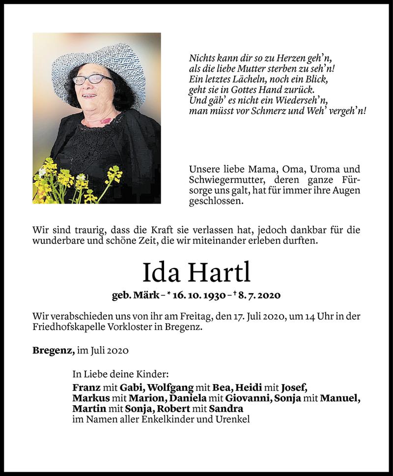  Todesanzeige für Ida Hartl vom 14.07.2020 aus Vorarlberger Nachrichten