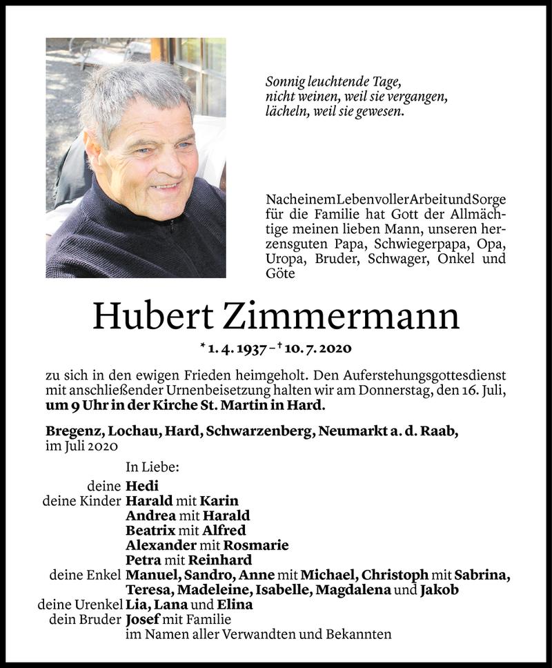  Todesanzeige für Hubert Zimmermann vom 13.07.2020 aus Vorarlberger Nachrichten