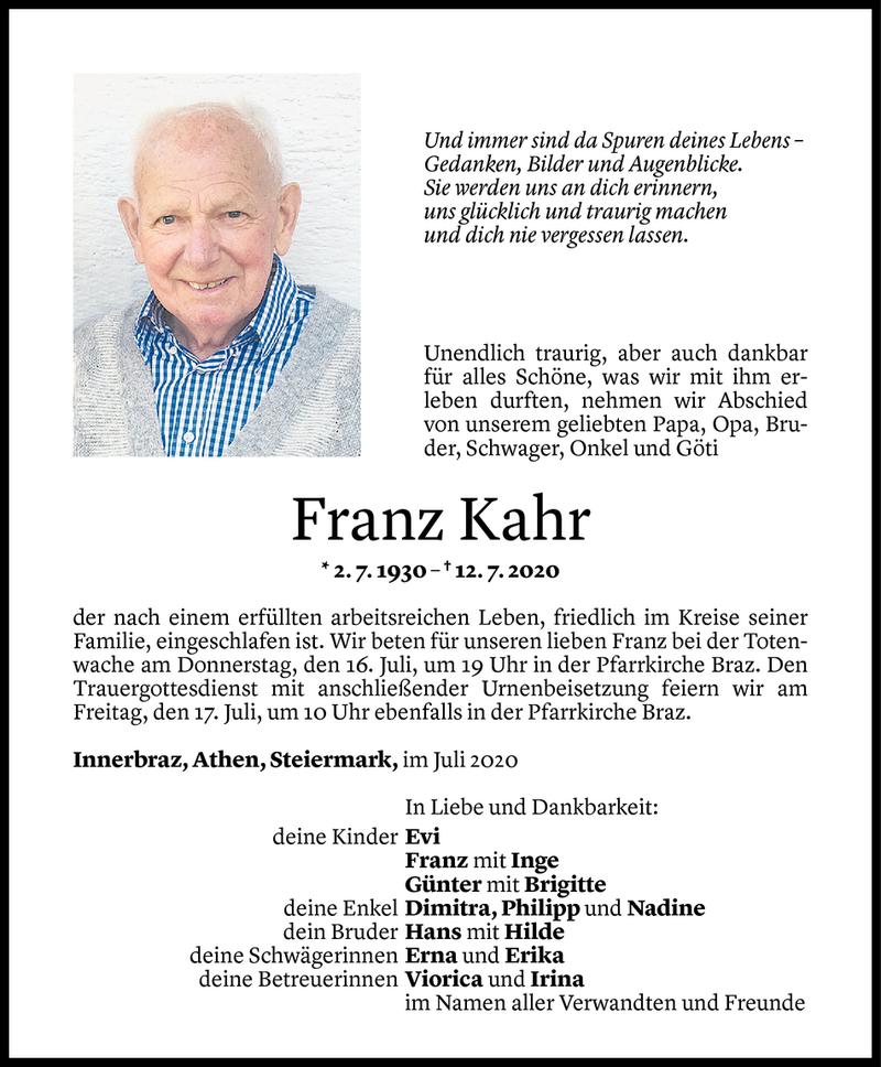  Todesanzeige für Franz Kahr vom 15.07.2020 aus Vorarlberger Nachrichten