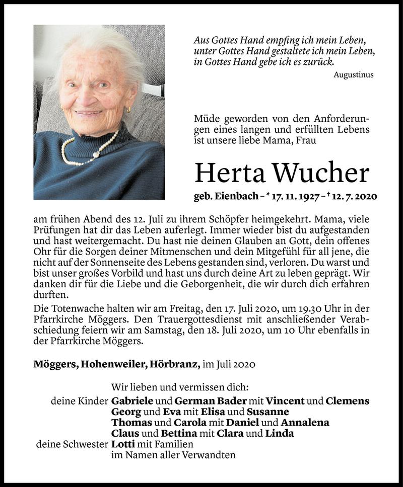 Todesanzeige für Herta Wucher vom 14.07.2020 aus Vorarlberger Nachrichten