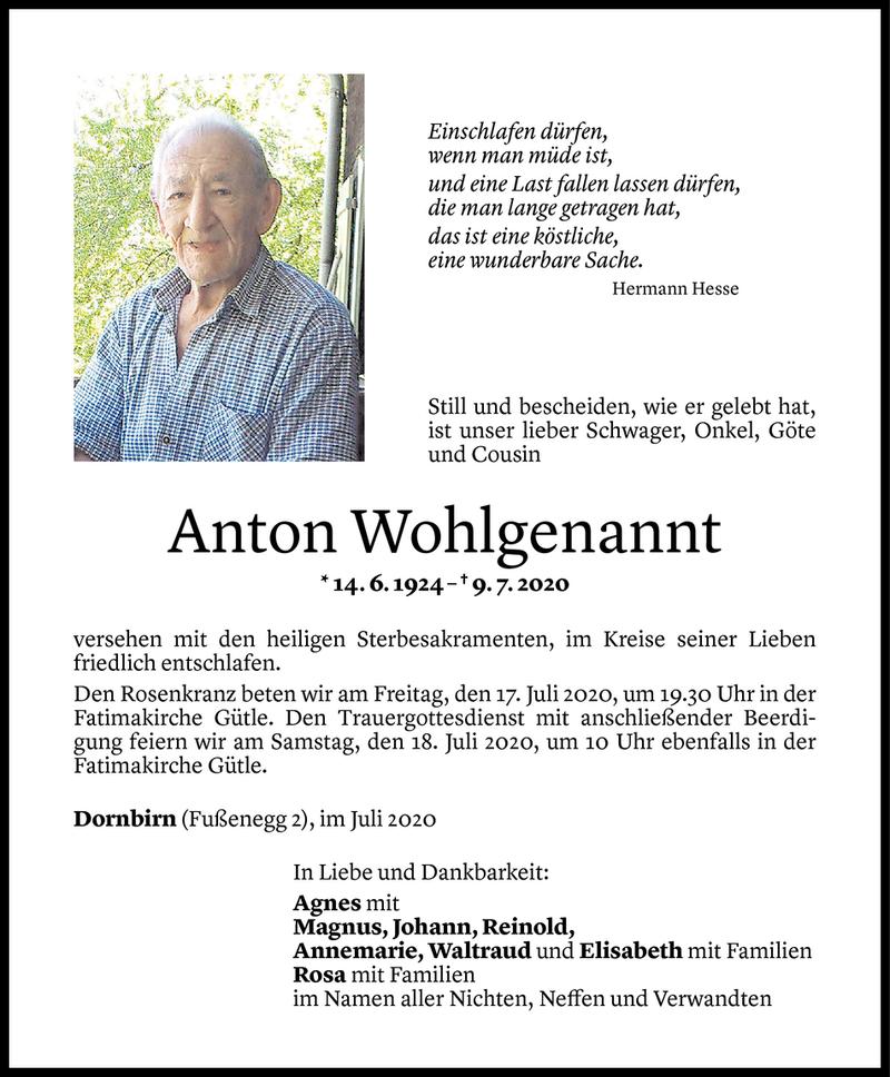  Todesanzeige für Anton Wohlgenannt vom 14.07.2020 aus Vorarlberger Nachrichten