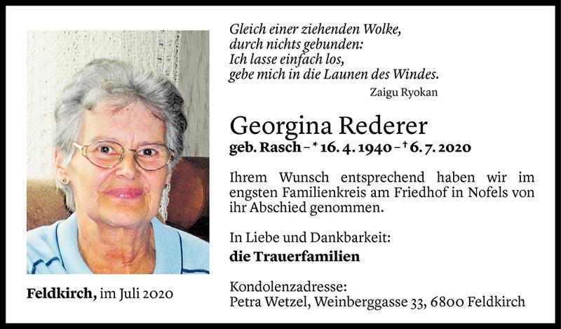  Todesanzeige für Georgina Rederer vom 18.07.2020 aus Vorarlberger Nachrichten