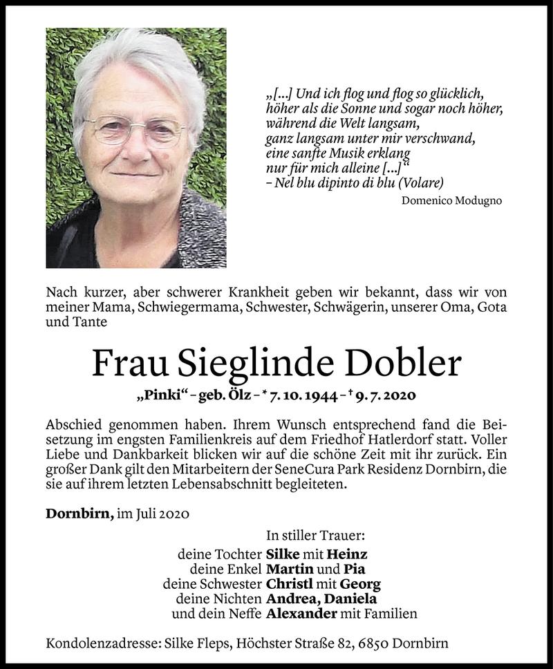  Todesanzeige für Sieglinde Dobler vom 18.07.2020 aus Vorarlberger Nachrichten