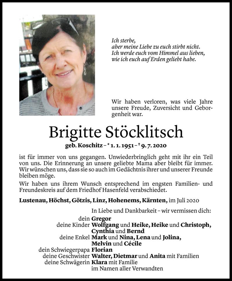  Todesanzeige für Brigitte Stöcklitsch vom 16.07.2020 aus Vorarlberger Nachrichten