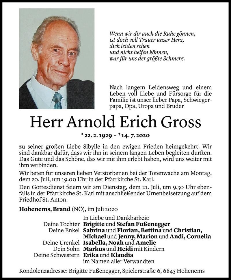  Todesanzeige für Arnold Erich Gross vom 17.07.2020 aus Vorarlberger Nachrichten