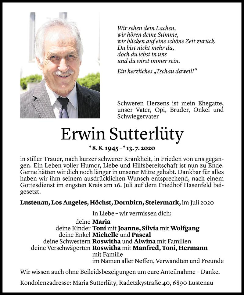  Todesanzeige für Erwin Sutterlüty vom 17.07.2020 aus Vorarlberger Nachrichten