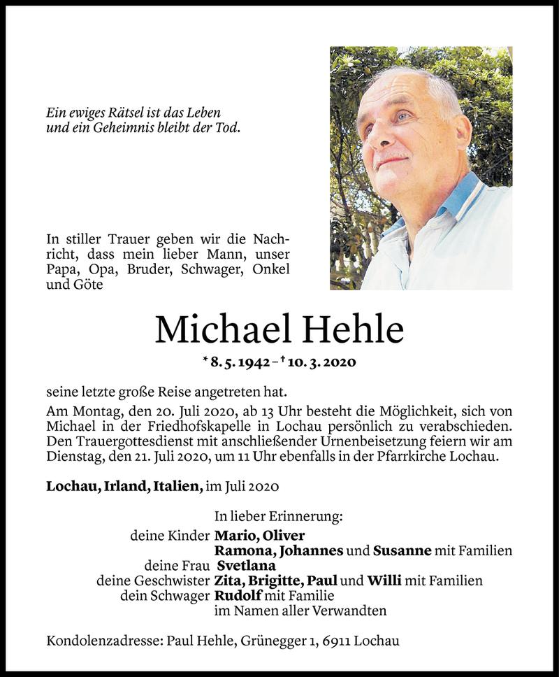  Todesanzeige für Michael Hehle vom 16.07.2020 aus Vorarlberger Nachrichten