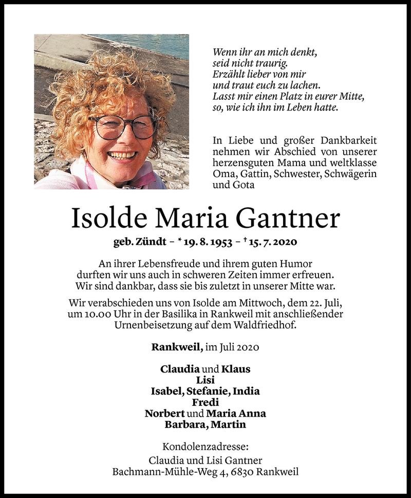  Todesanzeige für Isolde Maria Gantner vom 18.07.2020 aus Vorarlberger Nachrichten