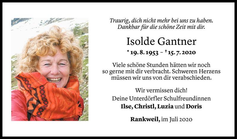  Todesanzeige für Isolde Maria Gantner vom 18.07.2020 aus Vorarlberger Nachrichten