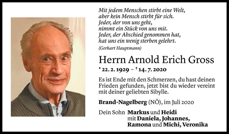  Todesanzeige für Arnold Erich Gross vom 17.07.2020 aus Vorarlberger Nachrichten