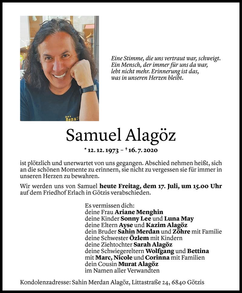  Todesanzeige für Samuel Alagöz vom 17.07.2020 aus Vorarlberger Nachrichten