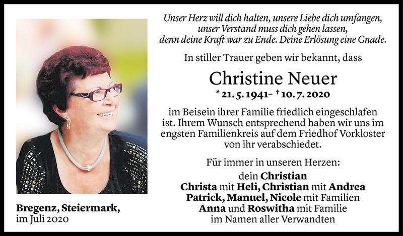  Todesanzeige für Christine Neuer vom 18.07.2020 aus Vorarlberger Nachrichten