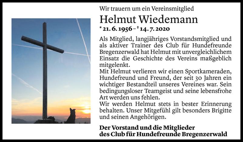  Todesanzeige für Helmut Wiedemann vom 17.07.2020 aus Vorarlberger Nachrichten